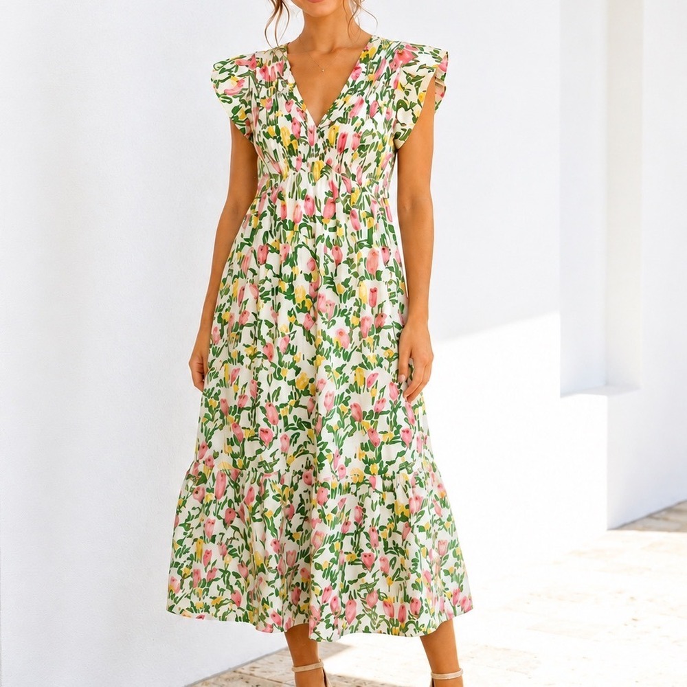 THE Korner Floral Flutter Sleeve Midi Dress Smocked Pink Tulip White Green M